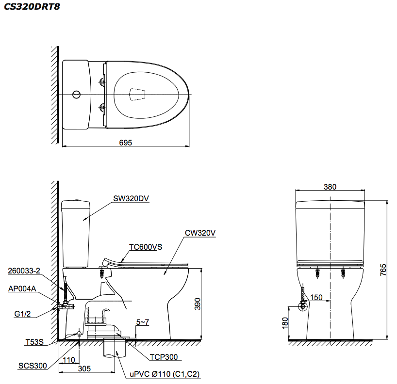 Bồn cầu 2 khối TOTO CS320DRT8 nắp đóng êm TC600VS