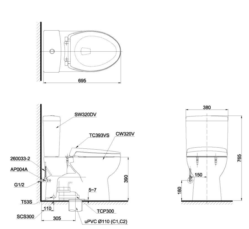 Bồn cầu 2 khối TOTO CS320PDRT2 nắp đóng êm TC393VS thoát ngang