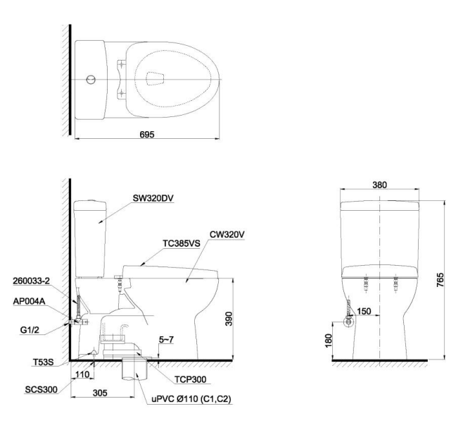 Bồn cầu 2 khối TOTO CS320PDRT3 nắp đóng êm TC385VS thoát ngang