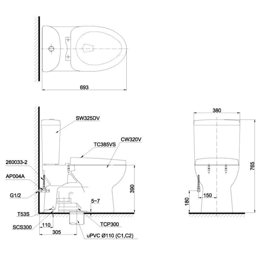 Bồn cầu 2 khối TOTO CS325DMT3  nắp đóng êm (xuất xứ Ấn Độ)