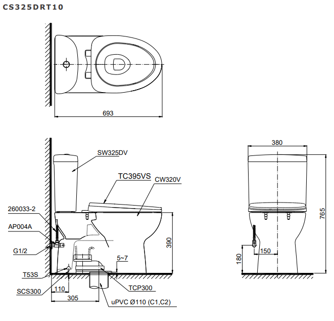 Bồn cầu 2 khối TOTO CS325DRT10 nắp đóng êm TC395VS