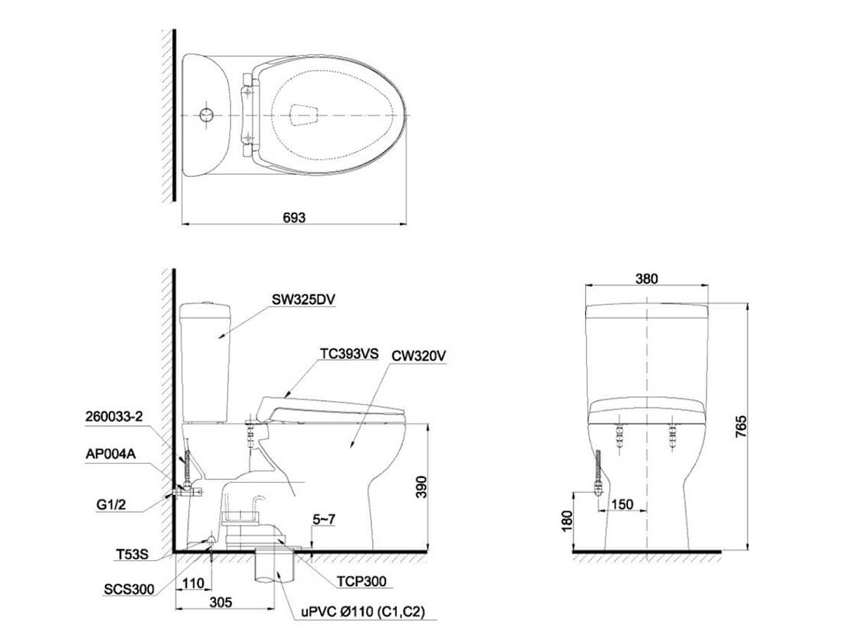 Bồn cầu 2 khối TOTO CS325DRT2 nắp đóng êm TC393VS
