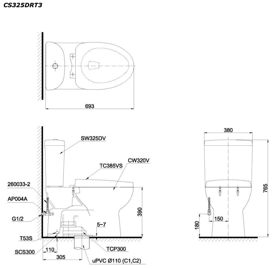 Bồn cầu 2 khối TOTO CS325DRT3 nắp đóng êm TC385VS