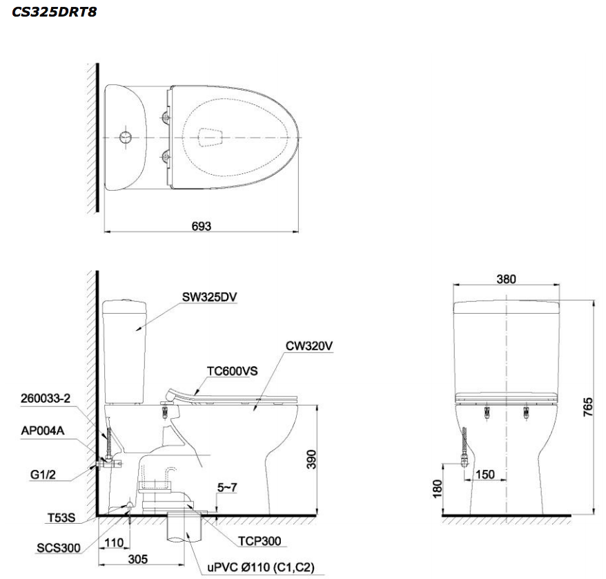 Bồn cầu 2 khối TOTO CS325DRT8 nắp đóng êm TC600VS