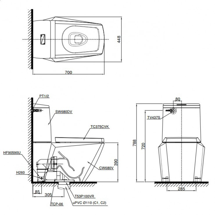 Bồn cầu 2 khối TOTO CS680DT4 nắp đóng êm TC375CVK