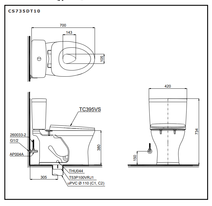 Bản vẽ kỹ thuật bồn cầu 2 khối TOTO nắp êm CS735DT10