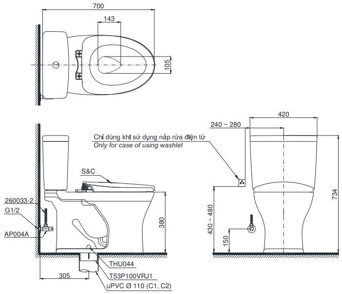 Bồn cầu 2 khối TOTO CS735DT2 nắp đóng êm TC393VS