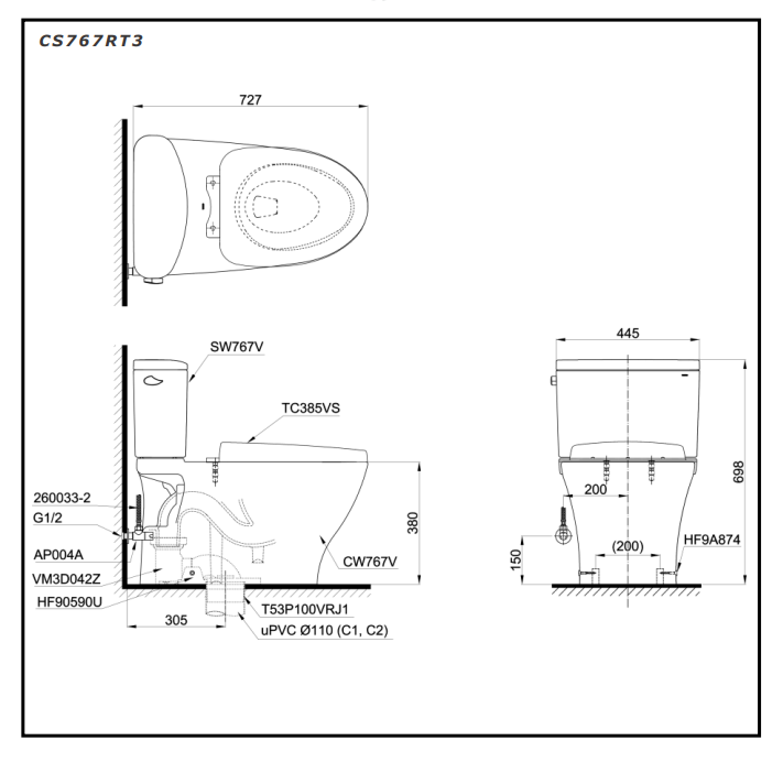 Bồn cầu 2 khối TOTO CS767RT3 nắp đóng êm TC385VS