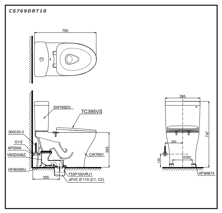Bồn cầu 2 khối TOTO CS769DRT10 nắp đóng êm TC395VS