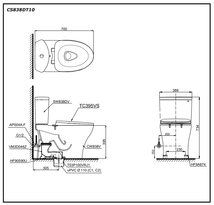 Bồn cầu 2 khối TOTO CS838DT10 nắp đóng êm TC395VS