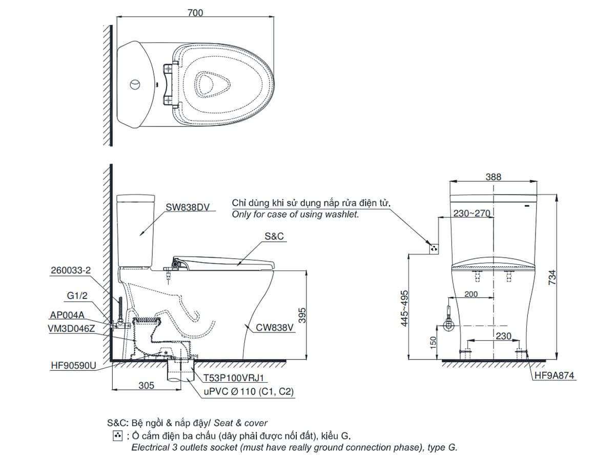Bồn cầu 2 khối TOTO CS838DT2 nắp đóng êm TC393VS
