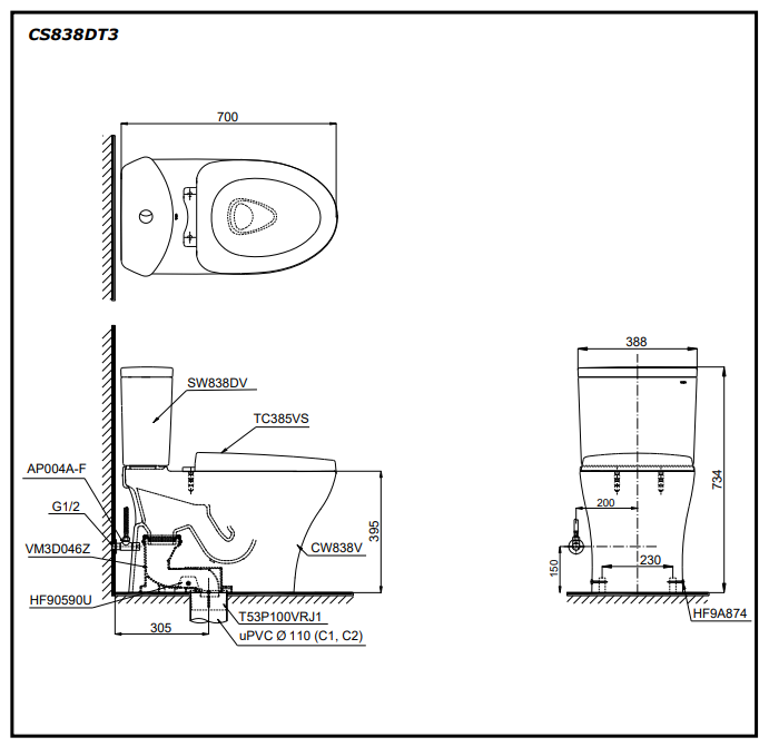 Bồn cầu 2 khối TOTO CS838DT3 nắp đóng êm TC385VS