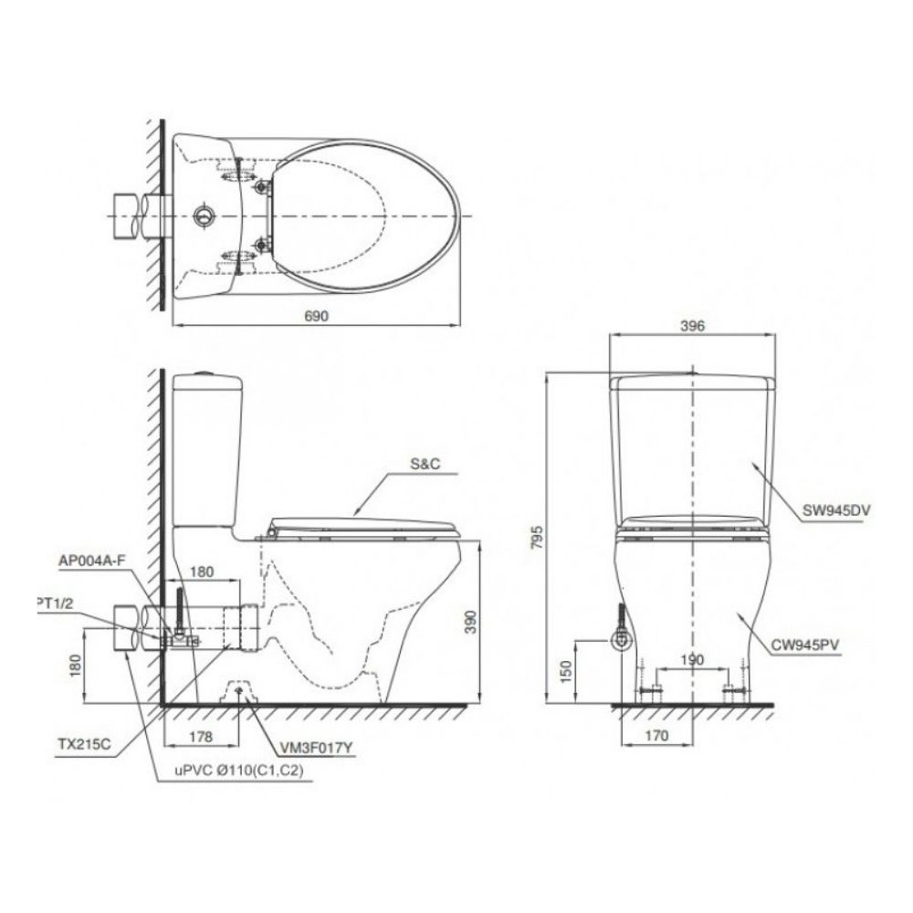 Bồn cầu 2 khối TOTO CS945DNT10 nắp đóng êm TC395VS