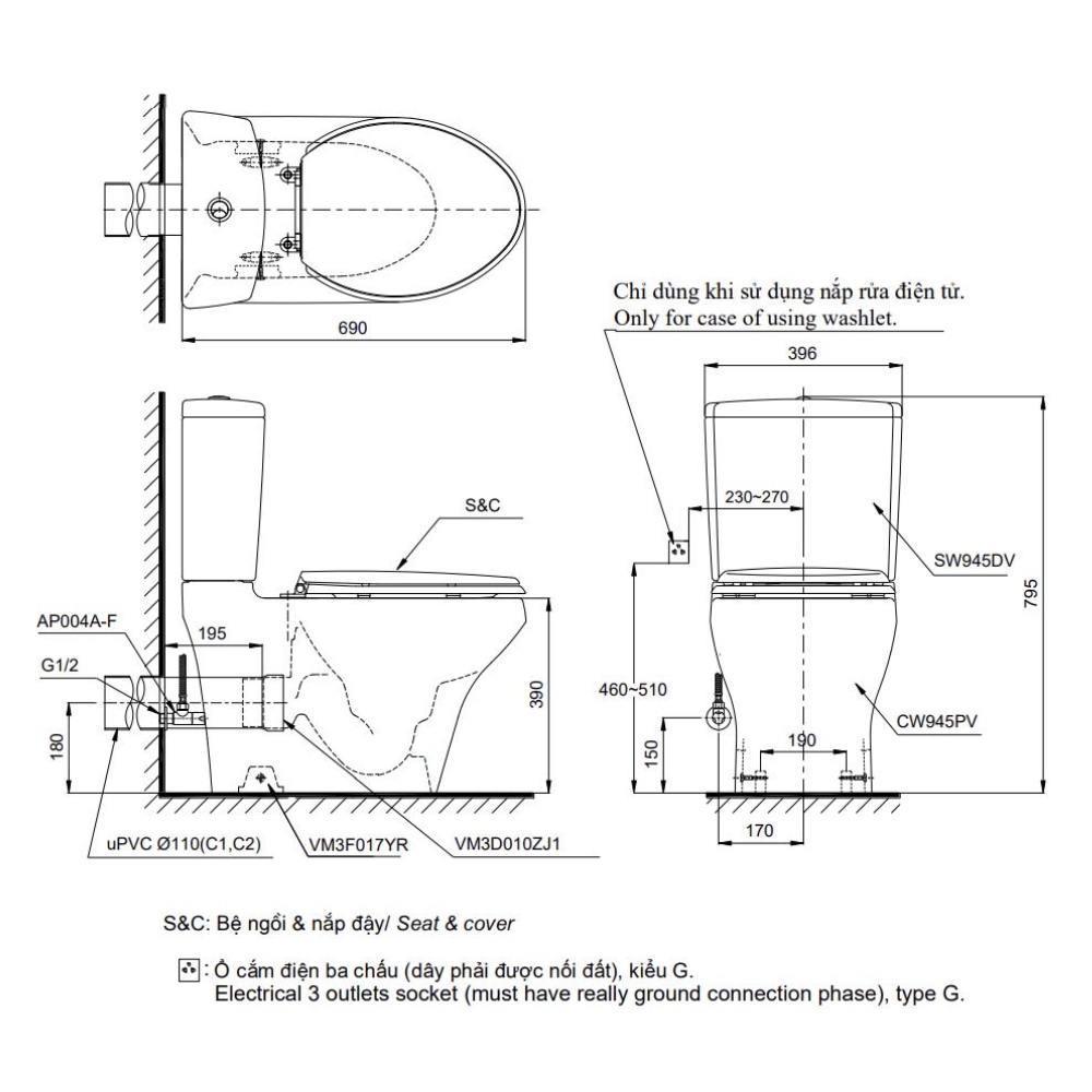 Bồn cầu TOTO CS945PDE2 2 khối nắp rửa cơ TCW07S thoát ngang
