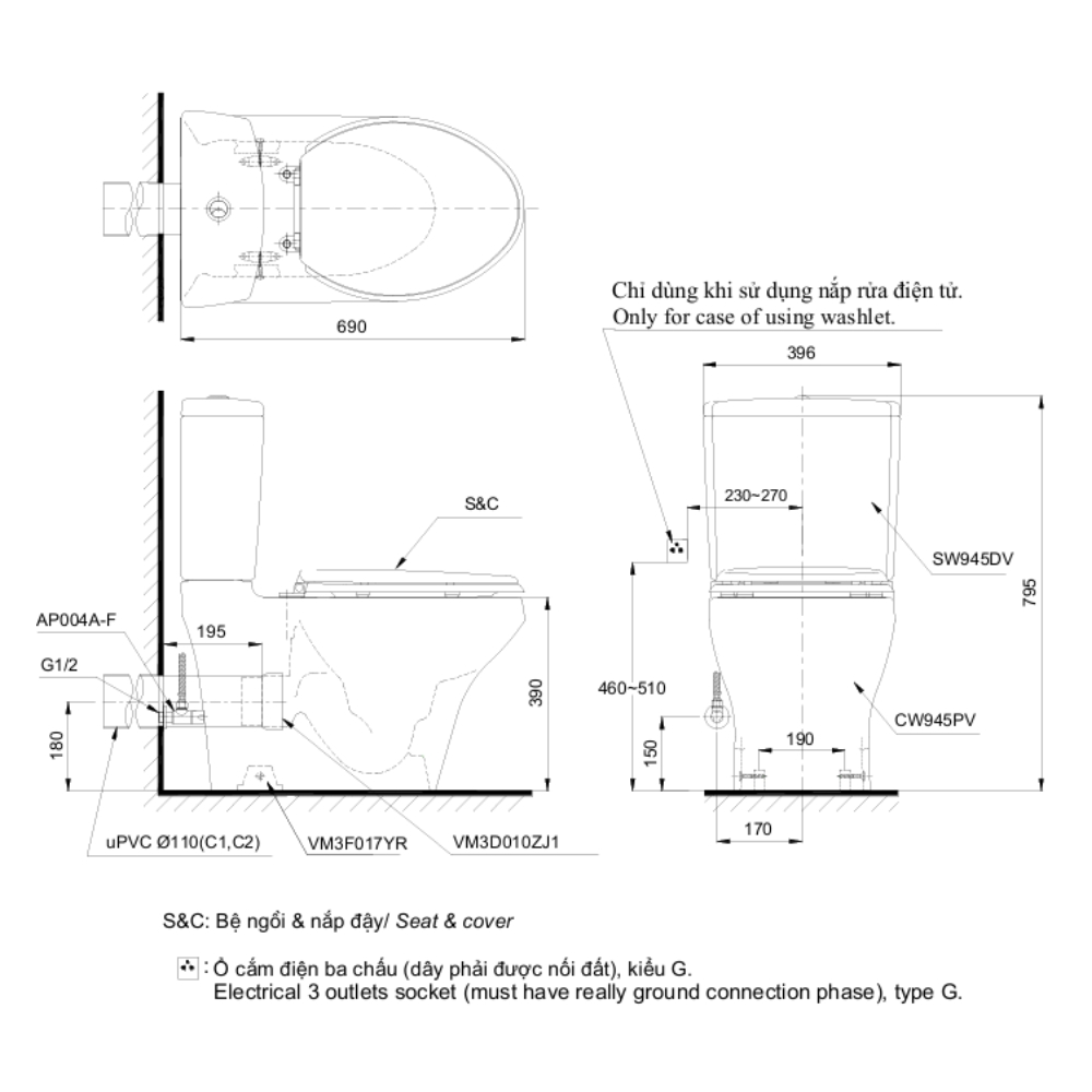 Bồn cầu 2 khối TOTO CS945PDT2 nắp êm TC393VS thoát ngang