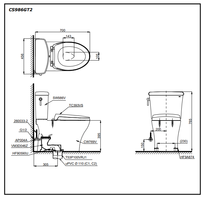 Bồn cầu 2 khối TOTO CS986GT2 nắp đóng êm TC393VS