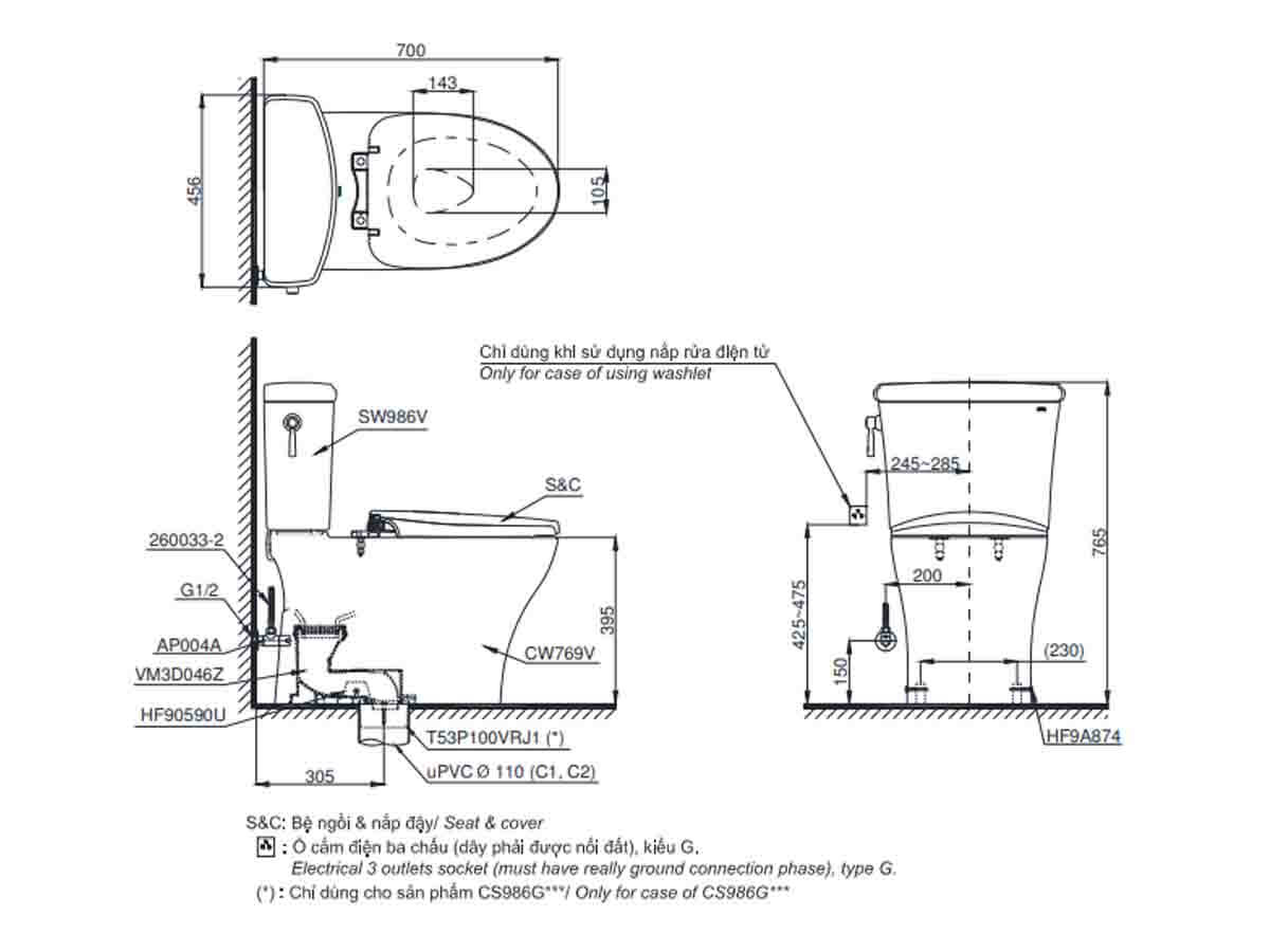 Bồn cầu 2 khối TOTO CS986GT3 nắp đóng êm TC385VS