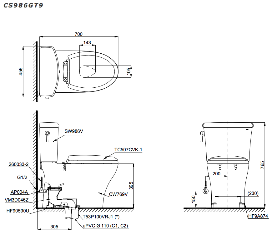 Bồn cầu 2 khối TOTO CS986GT9 nắp đóng êm TC507CVK-1