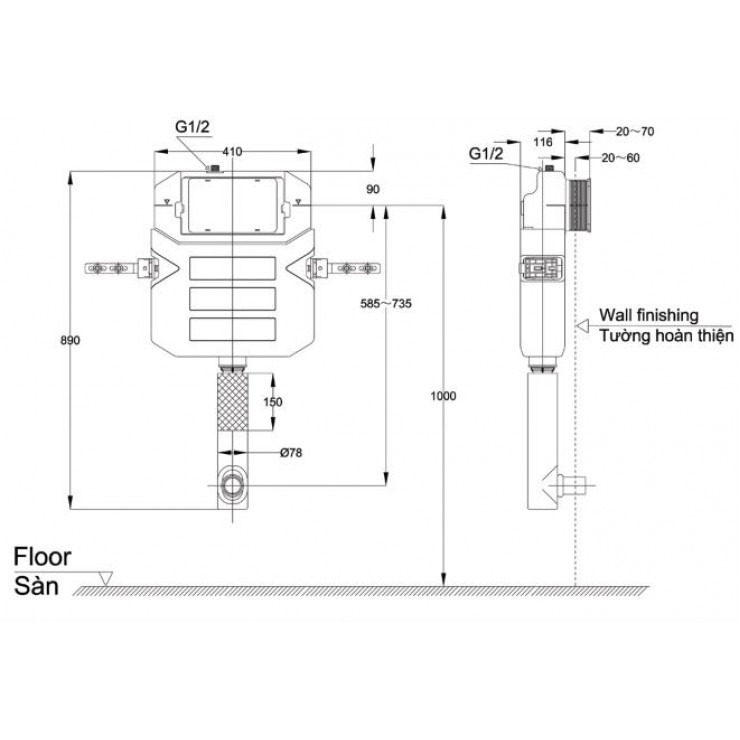 Két nước âm tường TOTO WH050 6/3L