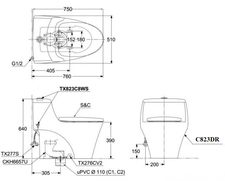 Bản vẽ kỹ thuật bồn cầu 1 khối nắp đóng êm TOTO MS823DRT8