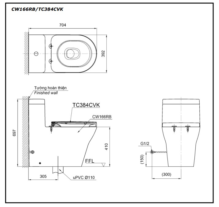 Bồn cầu TOTO CW166RB#XW/TCF4732A#NW1/T53P100VR 1 khối nắp điện tử Washlet C2 TCF23410AAA