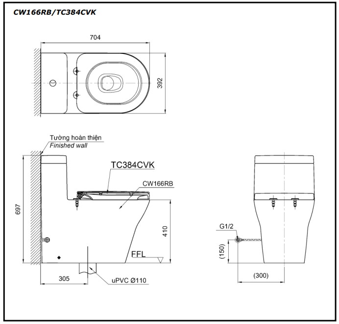 Bồn cầu TOTO CW166RB#XW/TCF6632A#NW1/T53P100VR 1 khối nắp điện tử Washlet C2 TCF23410AAA
