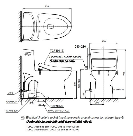 Bồn cầu TOTO MS905W11 1 khối nắp điện tử Washlet S7 TCF4911Z