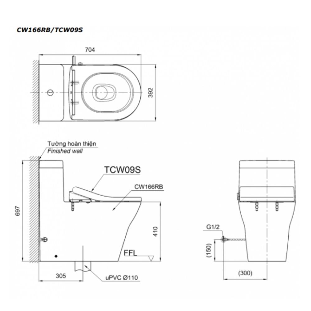 Bồn cầu TOTO CW166RB TCW09S T53P100VR 1 khối nắp rửa cơ Ecowasher E5