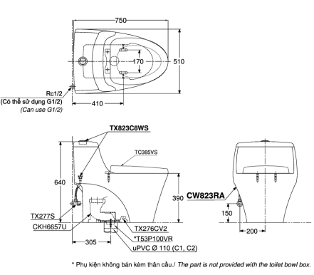 Bồn cầu 1 khối TOTO CW823RAT3 T53P100VR nắp đóng êm TC385VS