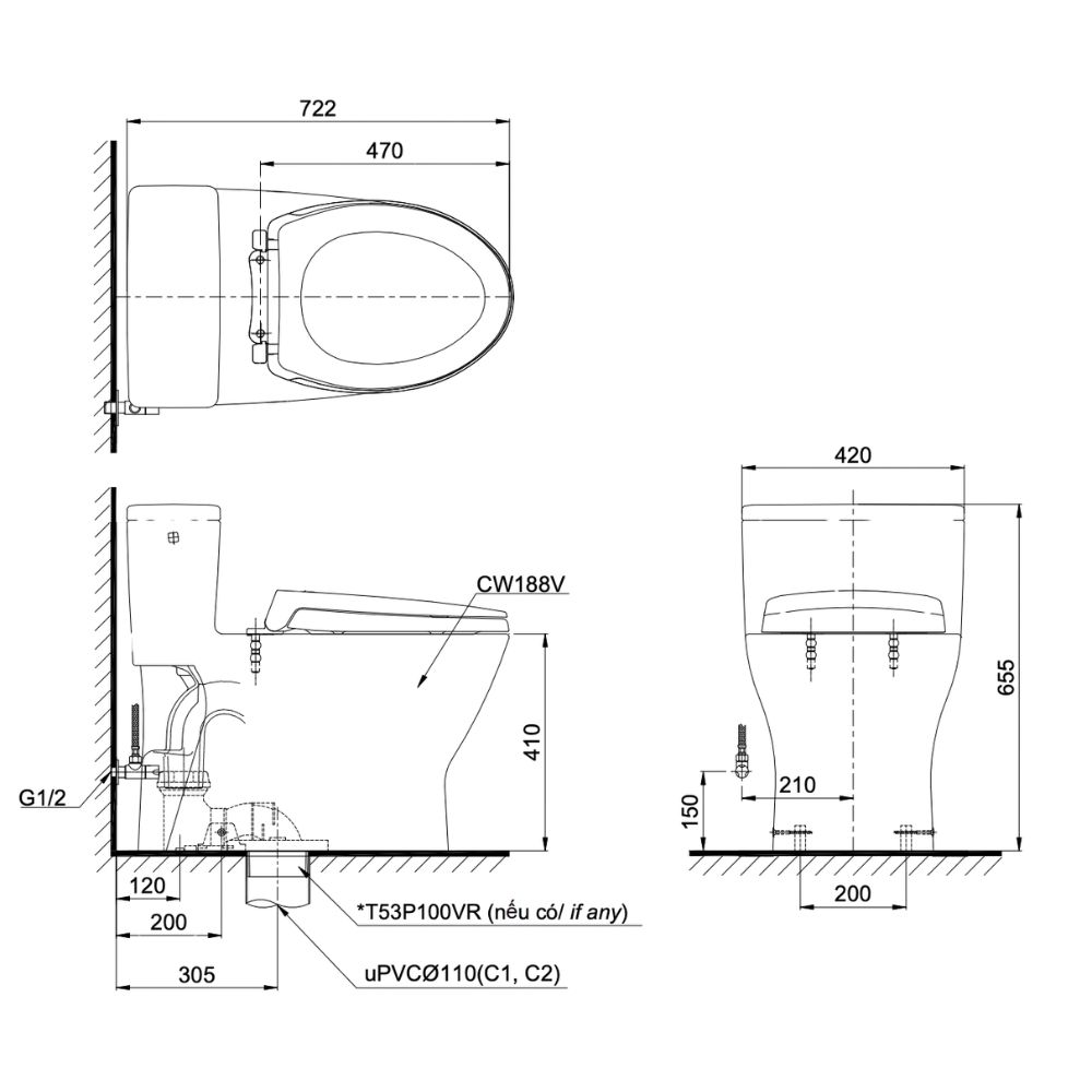Bồn cầu 1 khối TOTO MS188VKT10/T53P100VR nắp đóng êm TC395VS