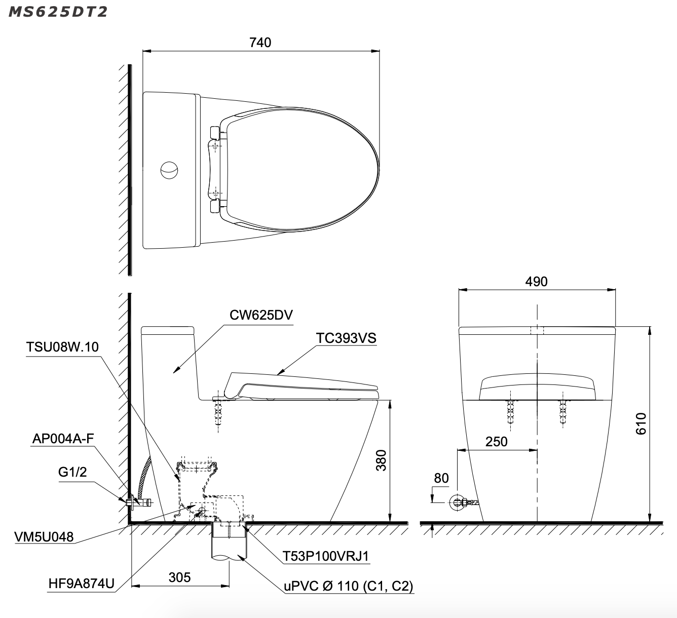 Bồn cầu 1 khối TOTO MS625DT2 nắp đóng êm TC393VS