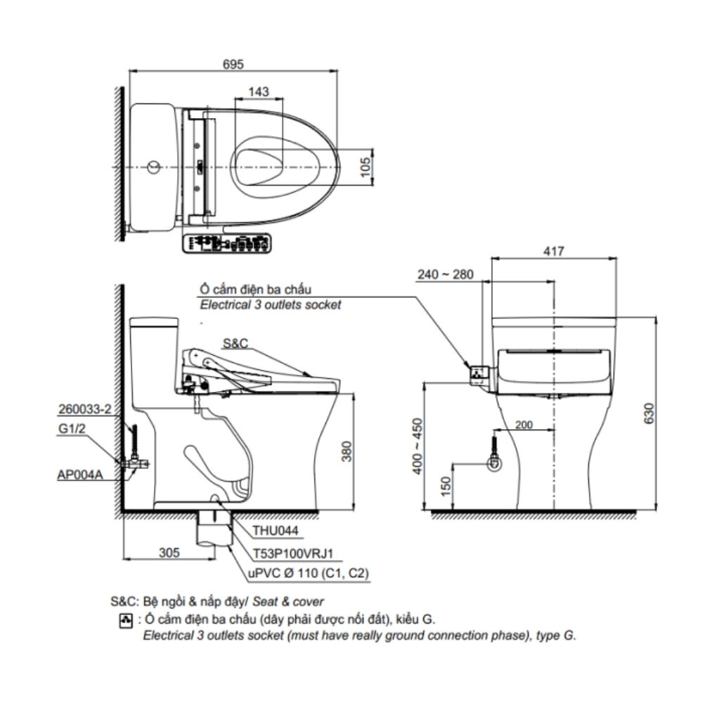Bồn cầu TOTO MS855CDW26 1 khối nắp điện tử Washlet S1 TCF23661GAA giấu dây