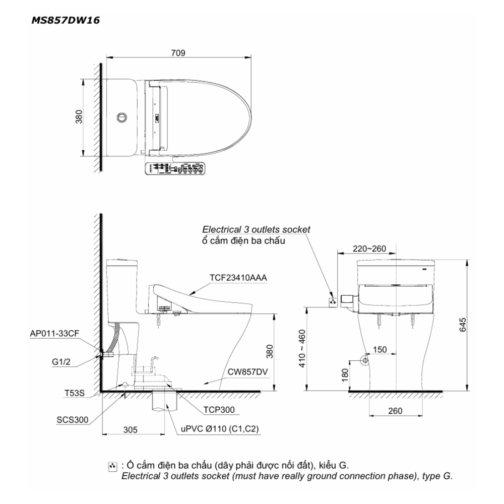 Bản vẽ kỹ thuật của bồn cầu 1 khối nắp điện tử TCF23410AAA TOTO MS857DW16