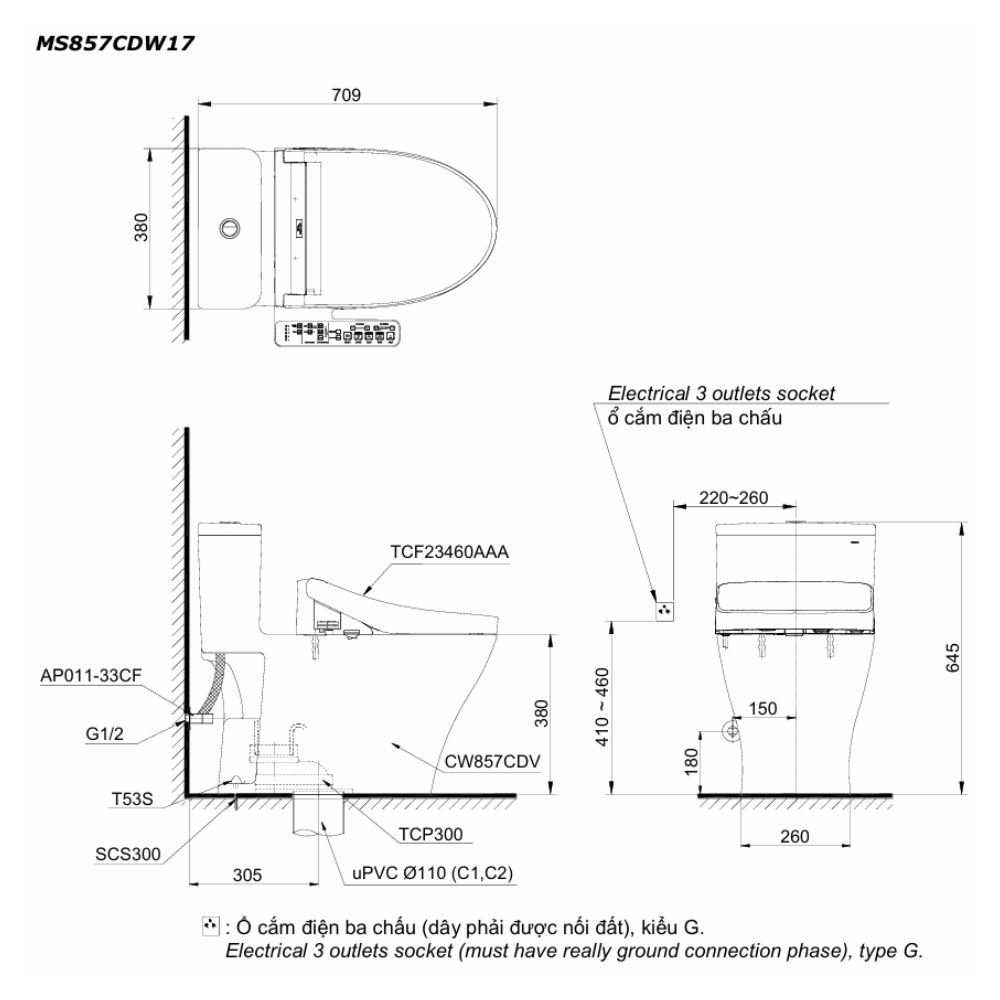 Bản vẽ kỹ thuật của bồn cầu 1 khối nắp điện tử Washlet C2 TOTO MS857CDW17
