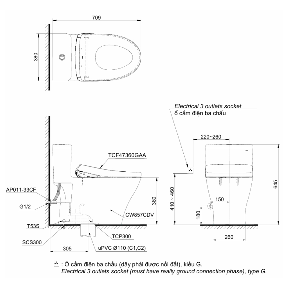 Bản vẽ kỹ thuật của bồn cầu 1 khối TOTO nắp điện tử Washlet S7 MS857CDW23