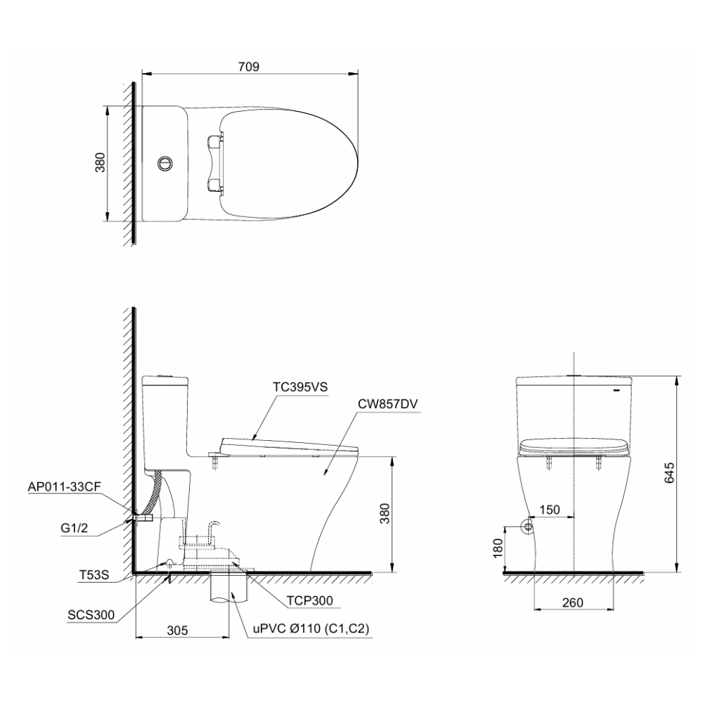 Bản vẽ kỹ thuật của bồn cầu 1 khối TOTO MS857DT10
