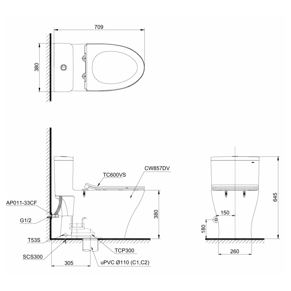 Bản vẽ kỹ thuật của bồn cầu 1 khối TOTO MS857DT2