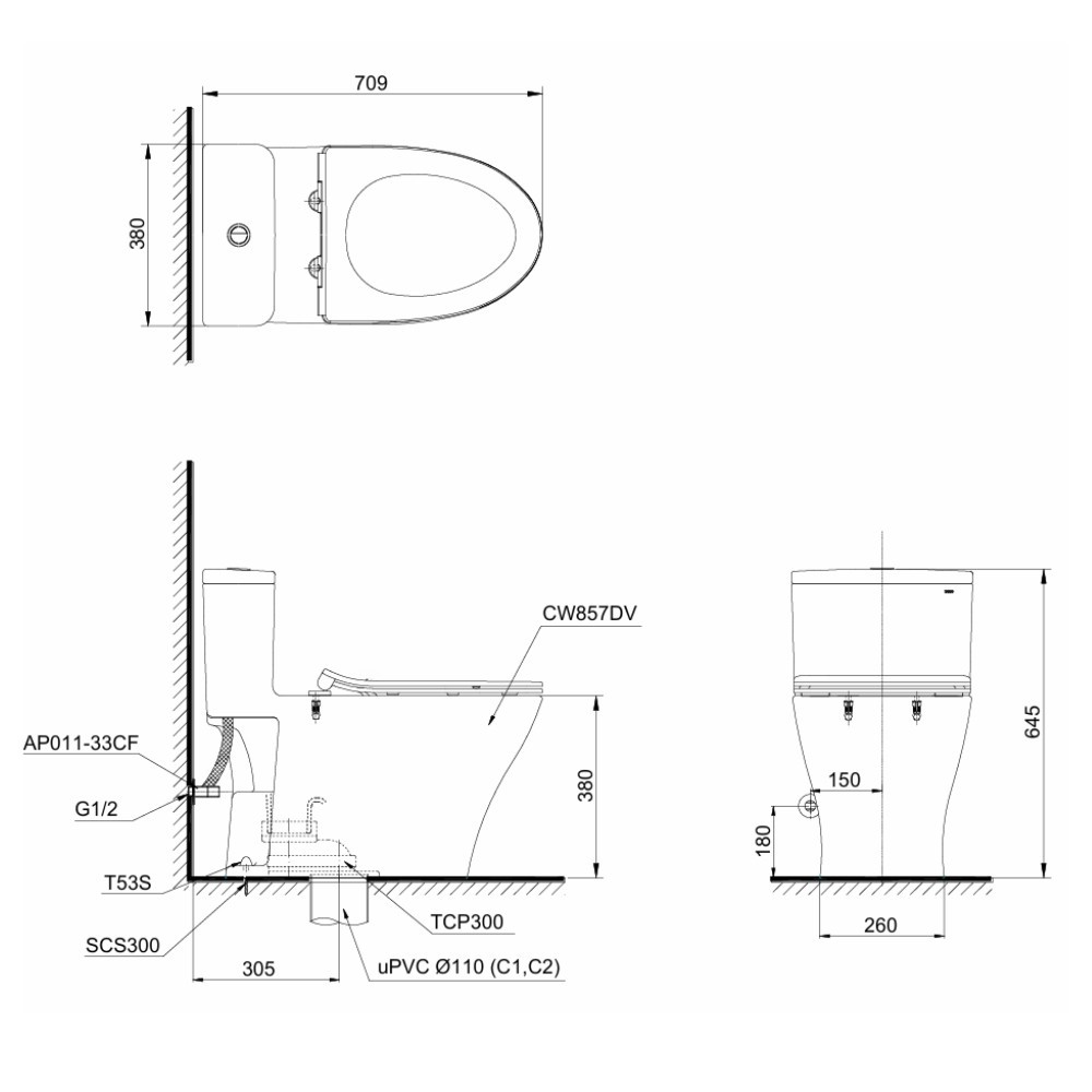 Bồn cầu 1 khối TOTO MS857DT3 nắp đóng êm TC385VS