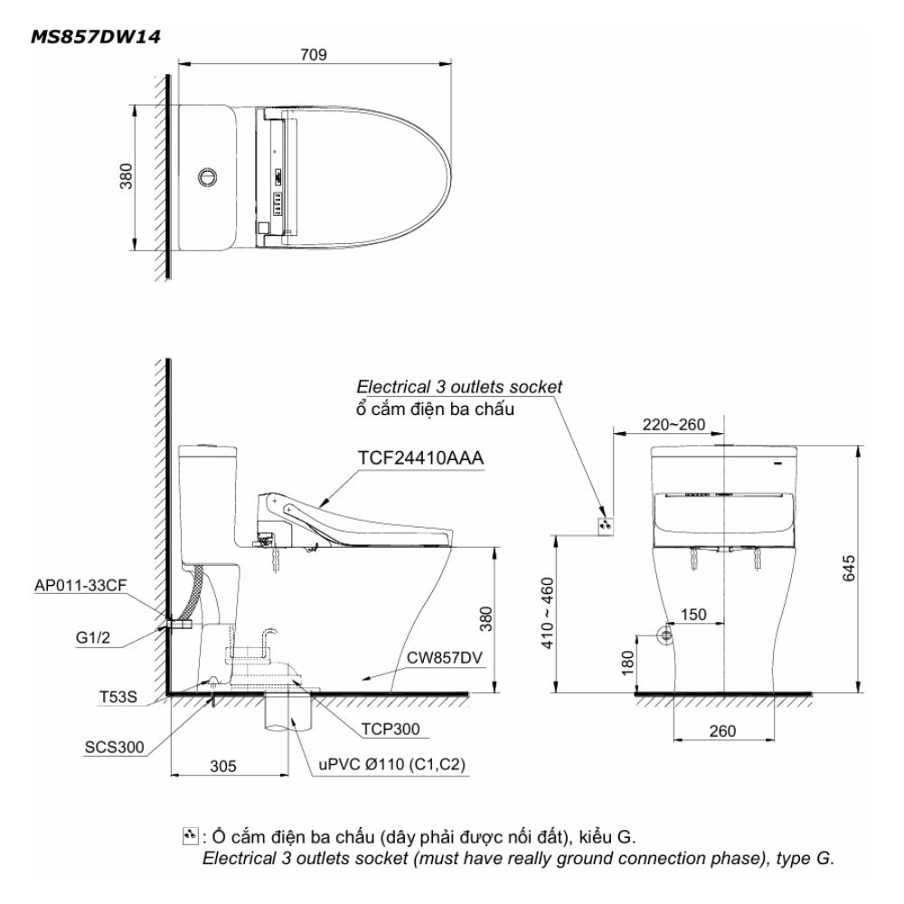 Bản vẽ kỹ thuật của bồn cầu 1 khối TOTO MS857DW14 nắp điện tử Washlet C5