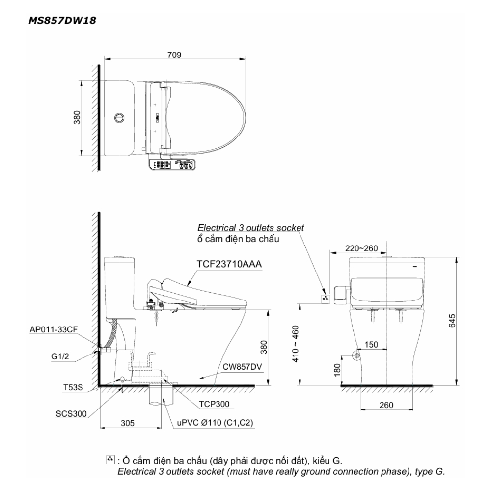 Bản vẽ kỹ thuật bồn cầu 1 khối TOTO MS857DW18 nắp điện tử TCF23710AAA Washlet C2 cơ bản