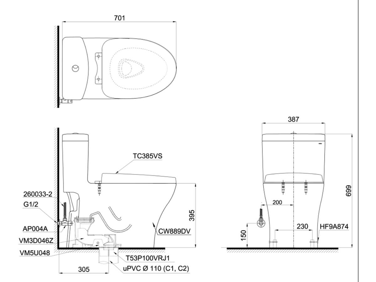 Bồn cầu 1 khối TOTO MS889DRT3 nắp đóng êm TC385VS
