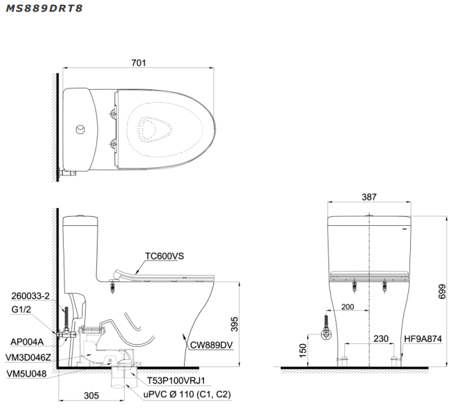 Bồn cầu 1 khối TOTO MS889DRT8 nắp đóng êm TC600VS