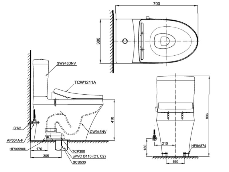 Bồn cầu TOTO CS945DNE4 2 khối nắp rửa cơ TCW1211A
