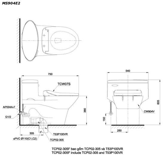 Bồn cầu TOTO MS904E2#XW 1 khối nắp rửa cơ TCW07S
