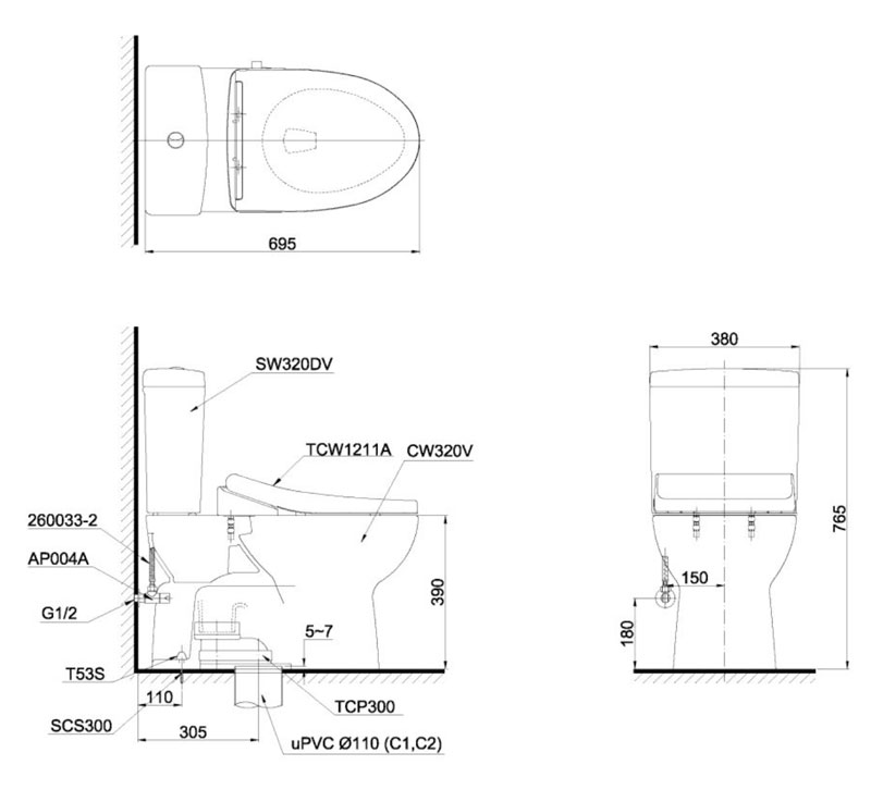 Bồn cầu TOTO CS320DRE4 2 khối nắp rửa cơ TCW1211A