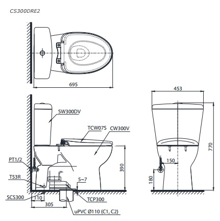 Bồn cầu TOTO CS300DRE2 2 khối nắp rửa cơ TCW07S