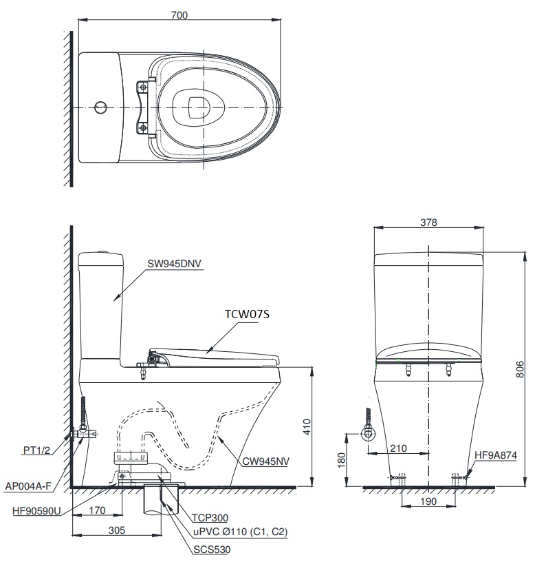 Bồn cầu TOTO CS945DNE2 2 khối nắp rửa cơ TCW07S