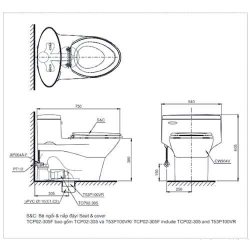 Bản vẽ kỹ thuật bồn cầu TOTO Eco Washer MS904E4 nắp rửa cơ