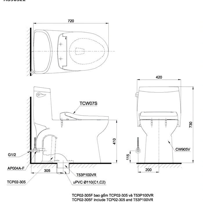 Bồn cầu TOTO MS905E2 1 khối nắp rửa cơ TCW07S