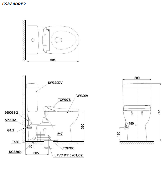 Bồn cầu TOTO CS320DRE2 2 khối nắp rửa cơ TCW07S